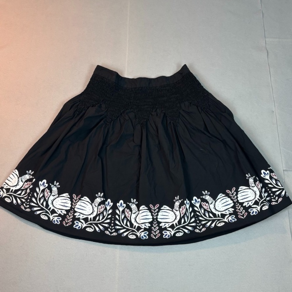 Brooklyn Industries Womens Black Peacock Pattern Smocked Waist A-line Skirt SZ 6